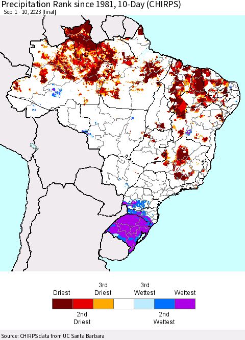 Brazil Precipitation Rank since 1981, 10-Day (CHIRPS) Thematic Map For 9/1/2023 - 9/10/2023