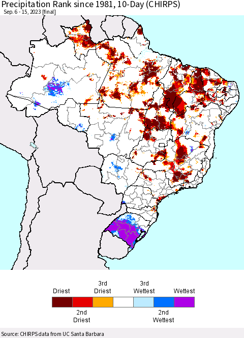 Brazil Precipitation Rank since 1981, 10-Day (CHIRPS) Thematic Map For 9/6/2023 - 9/15/2023
