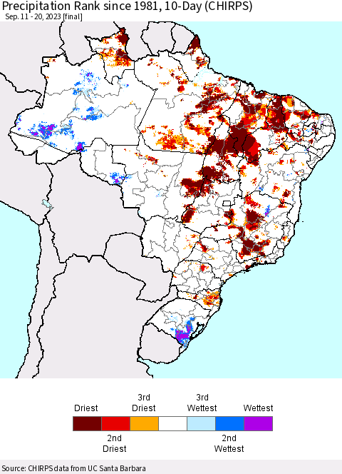 Brazil Precipitation Rank since 1981, 10-Day (CHIRPS) Thematic Map For 9/11/2023 - 9/20/2023