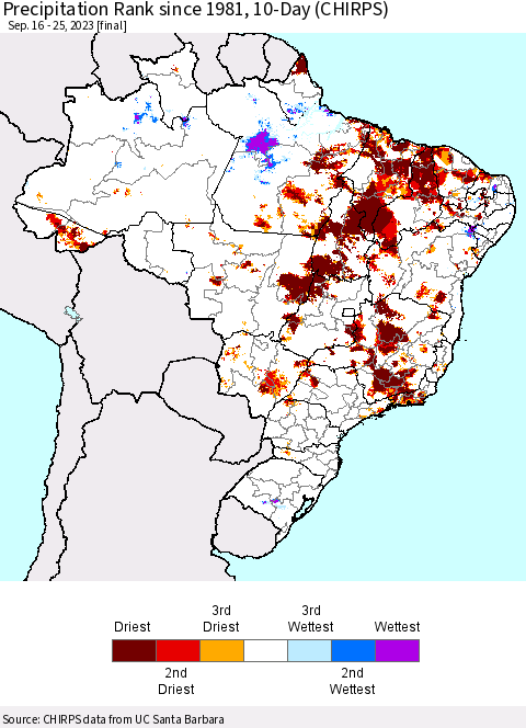 Brazil Precipitation Rank since 1981, 10-Day (CHIRPS) Thematic Map For 9/16/2023 - 9/25/2023
