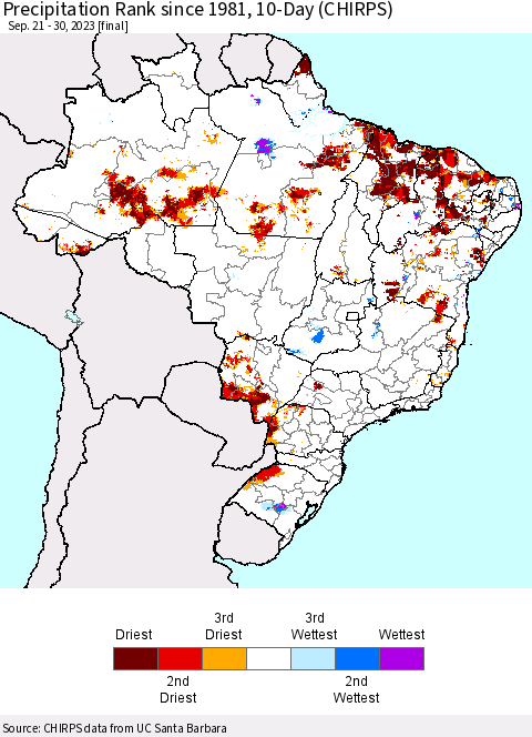 Brazil Precipitation Rank since 1981, 10-Day (CHIRPS) Thematic Map For 9/21/2023 - 9/30/2023