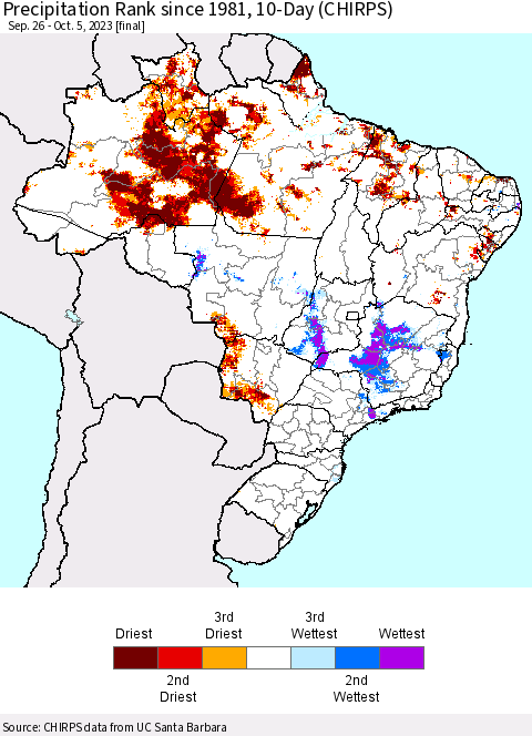 Brazil Precipitation Rank since 1981, 10-Day (CHIRPS) Thematic Map For 9/26/2023 - 10/5/2023