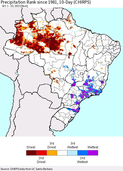 Brazil Precipitation Rank since 1981, 10-Day (CHIRPS) Thematic Map For 10/1/2023 - 10/10/2023