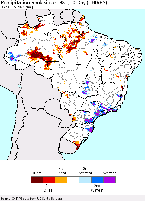 Brazil Precipitation Rank since 1981, 10-Day (CHIRPS) Thematic Map For 10/6/2023 - 10/15/2023