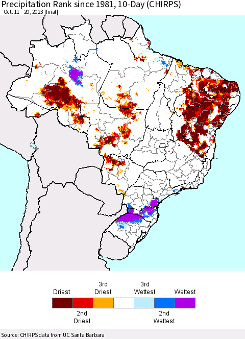 Brazil Precipitation Rank since 1981, 10-Day (CHIRPS) Thematic Map For 10/11/2023 - 10/20/2023