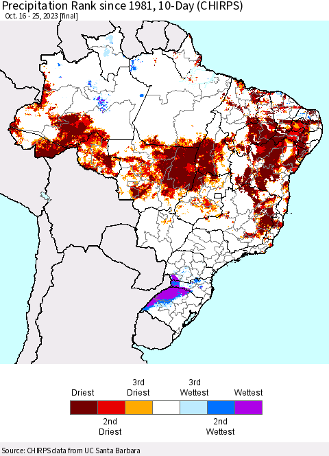 Brazil Precipitation Rank since 1981, 10-Day (CHIRPS) Thematic Map For 10/16/2023 - 10/25/2023