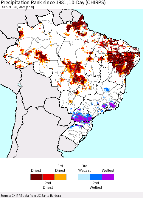 Brazil Precipitation Rank since 1981, 10-Day (CHIRPS) Thematic Map For 10/21/2023 - 10/31/2023