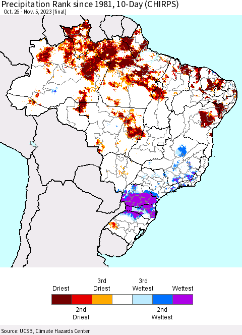 Brazil Precipitation Rank since 1981, 10-Day (CHIRPS) Thematic Map For 10/26/2023 - 11/5/2023
