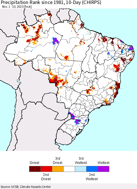 Brazil Precipitation Rank since 1981, 10-Day (CHIRPS) Thematic Map For 11/1/2023 - 11/10/2023