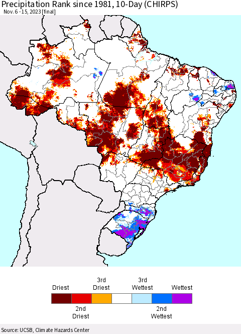 Brazil Precipitation Rank since 1981, 10-Day (CHIRPS) Thematic Map For 11/6/2023 - 11/15/2023