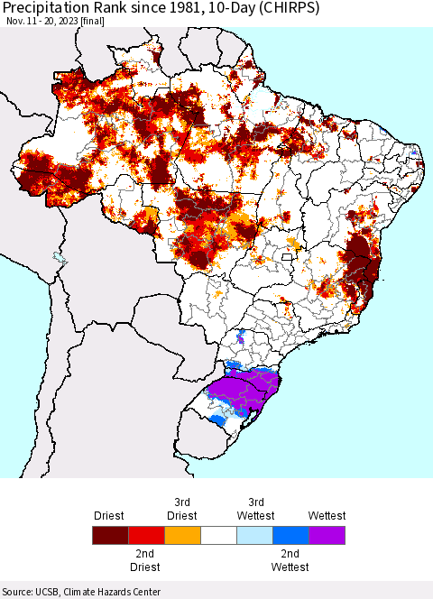 Brazil Precipitation Rank since 1981, 10-Day (CHIRPS) Thematic Map For 11/11/2023 - 11/20/2023