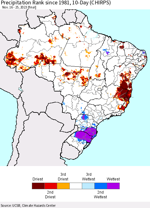 Brazil Precipitation Rank since 1981, 10-Day (CHIRPS) Thematic Map For 11/16/2023 - 11/25/2023