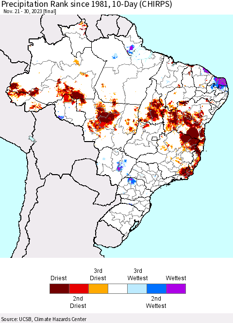 Brazil Precipitation Rank since 1981, 10-Day (CHIRPS) Thematic Map For 11/21/2023 - 11/30/2023