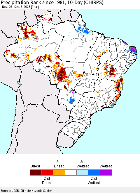 Brazil Precipitation Rank since 1981, 10-Day (CHIRPS) Thematic Map For 11/26/2023 - 12/5/2023