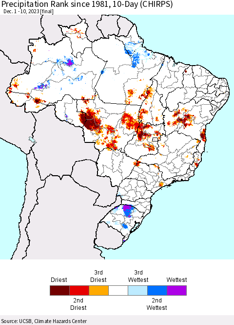 Brazil Precipitation Rank since 1981, 10-Day (CHIRPS) Thematic Map For 12/1/2023 - 12/10/2023