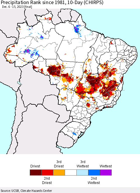 Brazil Precipitation Rank since 1981, 10-Day (CHIRPS) Thematic Map For 12/6/2023 - 12/15/2023
