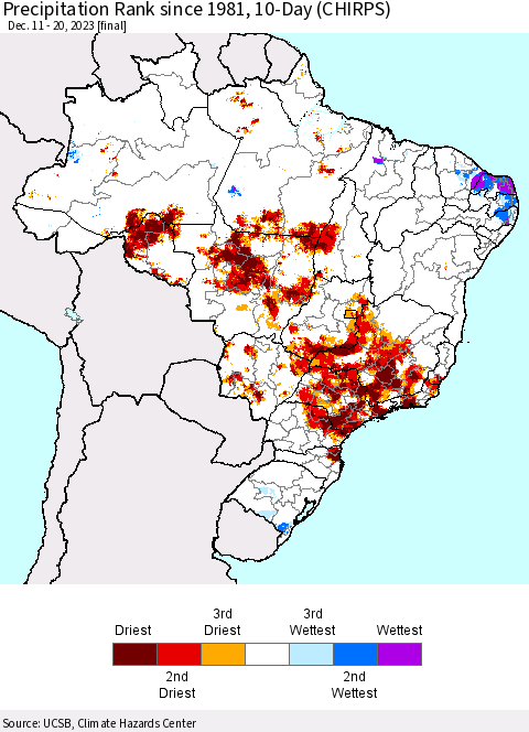 Brazil Precipitation Rank since 1981, 10-Day (CHIRPS) Thematic Map For 12/11/2023 - 12/20/2023