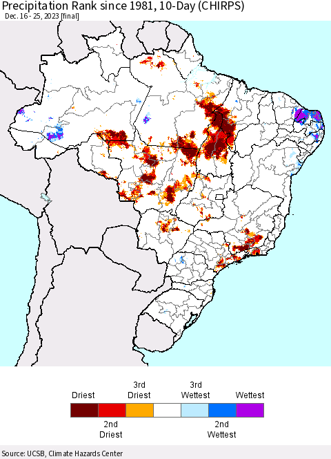 Brazil Precipitation Rank since 1981, 10-Day (CHIRPS) Thematic Map For 12/16/2023 - 12/25/2023