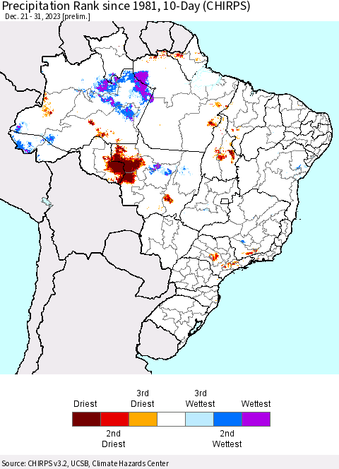Brazil Precipitation Rank since 1981, 10-Day (CHIRPS) Thematic Map For 12/21/2023 - 12/31/2023