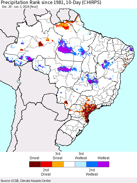 Brazil Precipitation Rank since 1981, 10-Day (CHIRPS) Thematic Map For 12/26/2023 - 1/5/2024