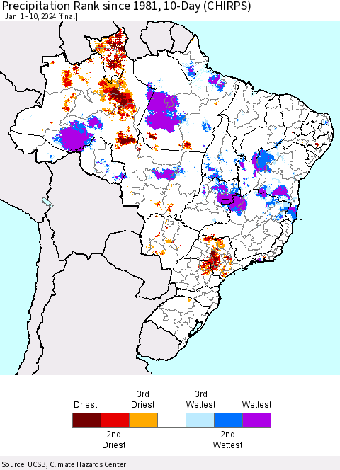 Brazil Precipitation Rank since 1981, 10-Day (CHIRPS) Thematic Map For 1/1/2024 - 1/10/2024