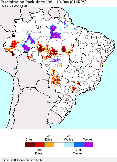 Brazil Precipitation Rank since 1981, 10-Day (CHIRPS) Thematic Map For 1/6/2024 - 1/15/2024