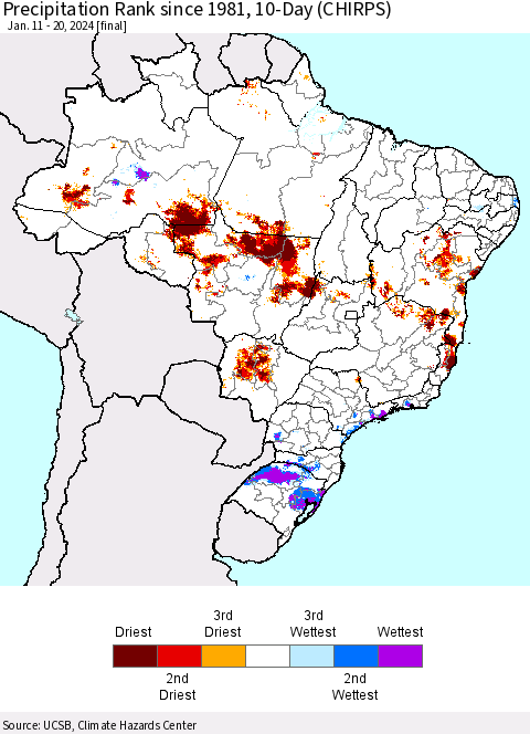Brazil Precipitation Rank since 1981, 10-Day (CHIRPS) Thematic Map For 1/11/2024 - 1/20/2024