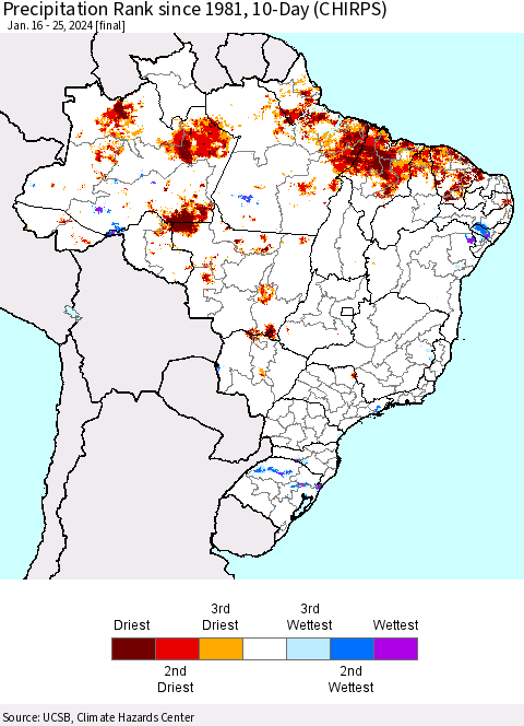 Brazil Precipitation Rank since 1981, 10-Day (CHIRPS) Thematic Map For 1/16/2024 - 1/25/2024