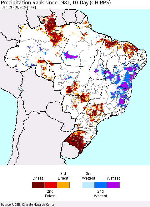 Brazil Precipitation Rank since 1981, 10-Day (CHIRPS) Thematic Map For 1/21/2024 - 1/31/2024