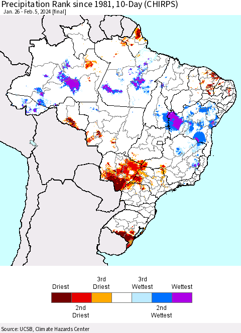 Brazil Precipitation Rank since 1981, 10-Day (CHIRPS) Thematic Map For 1/26/2024 - 2/5/2024