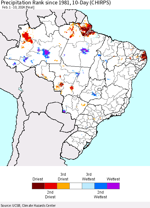 Brazil Precipitation Rank since 1981, 10-Day (CHIRPS) Thematic Map For 2/1/2024 - 2/10/2024