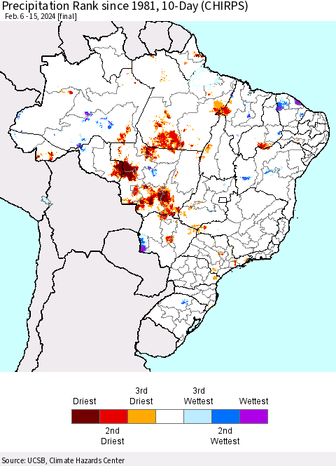 Brazil Precipitation Rank since 1981, 10-Day (CHIRPS) Thematic Map For 2/6/2024 - 2/15/2024