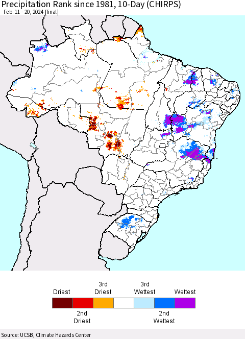 Brazil Precipitation Rank since 1981, 10-Day (CHIRPS) Thematic Map For 2/11/2024 - 2/20/2024