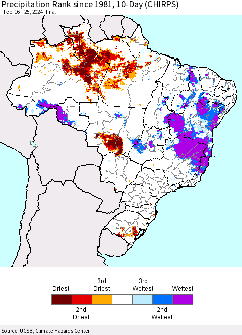 Brazil Precipitation Rank since 1981, 10-Day (CHIRPS) Thematic Map For 2/16/2024 - 2/25/2024
