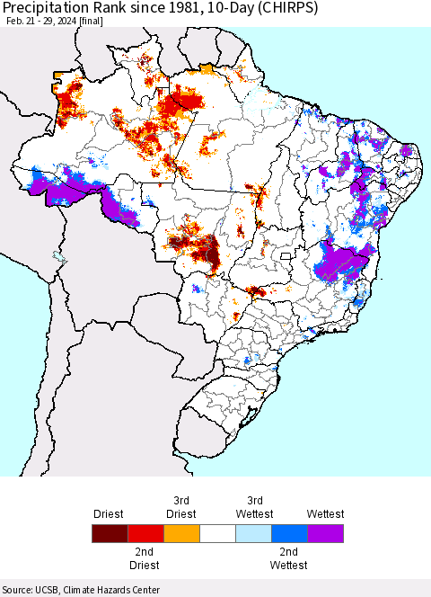 Brazil Precipitation Rank since 1981, 10-Day (CHIRPS) Thematic Map For 2/21/2024 - 2/29/2024