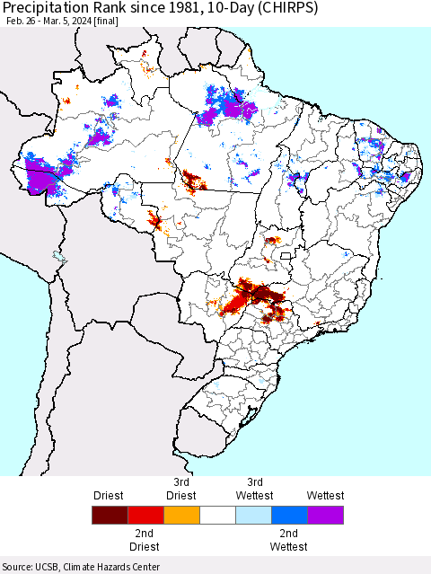 Brazil Precipitation Rank since 1981, 10-Day (CHIRPS) Thematic Map For 2/26/2024 - 3/5/2024