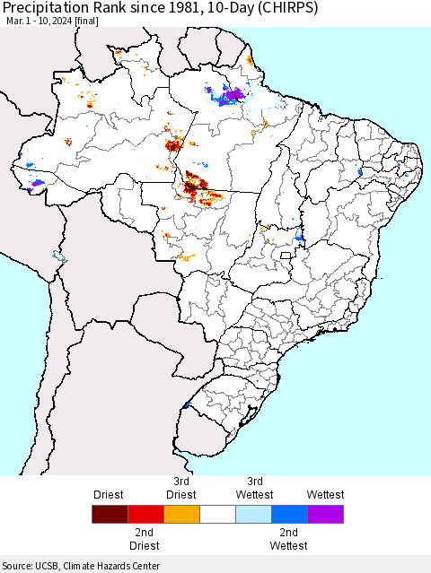 Brazil Precipitation Rank since 1981, 10-Day (CHIRPS) Thematic Map For 3/1/2024 - 3/10/2024