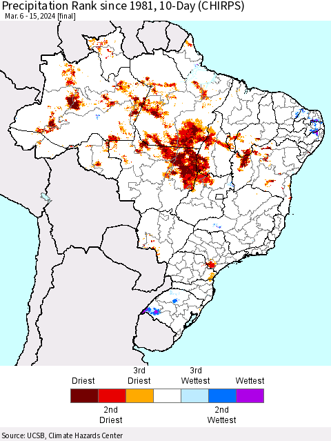 Brazil Precipitation Rank since 1981, 10-Day (CHIRPS) Thematic Map For 3/6/2024 - 3/15/2024