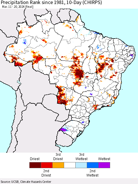 Brazil Precipitation Rank since 1981, 10-Day (CHIRPS) Thematic Map For 3/11/2024 - 3/20/2024