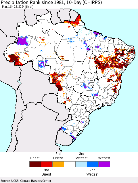 Brazil Precipitation Rank since 1981, 10-Day (CHIRPS) Thematic Map For 3/16/2024 - 3/25/2024
