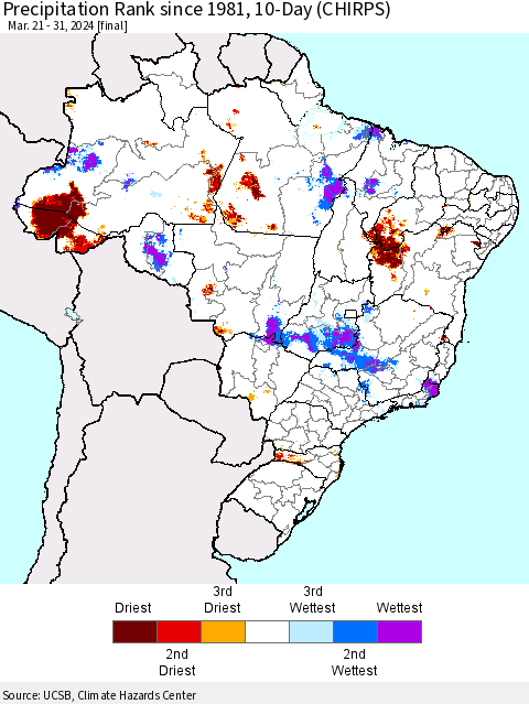 Brazil Precipitation Rank since 1981, 10-Day (CHIRPS) Thematic Map For 3/21/2024 - 3/31/2024