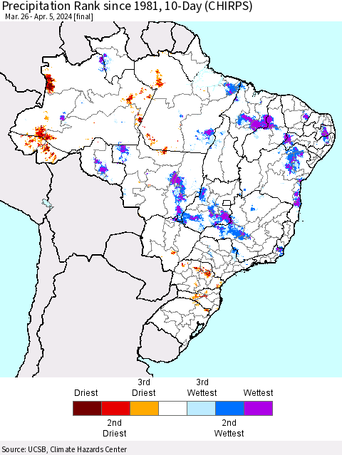 Brazil Precipitation Rank since 1981, 10-Day (CHIRPS) Thematic Map For 3/26/2024 - 4/5/2024