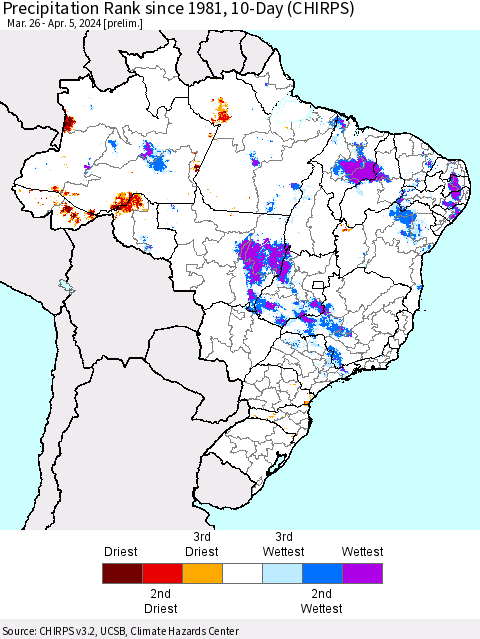 Brazil Precipitation Rank since 1981, 10-Day (CHIRPS) Thematic Map For 3/26/2024 - 4/5/2024