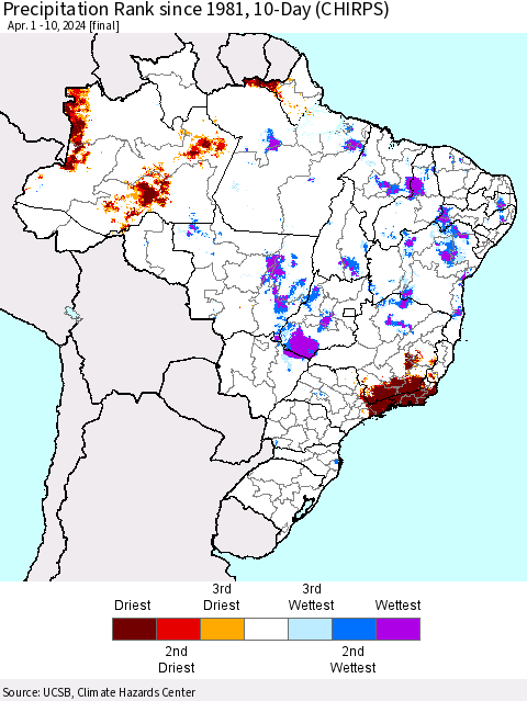 Brazil Precipitation Rank since 1981, 10-Day (CHIRPS) Thematic Map For 4/1/2024 - 4/10/2024