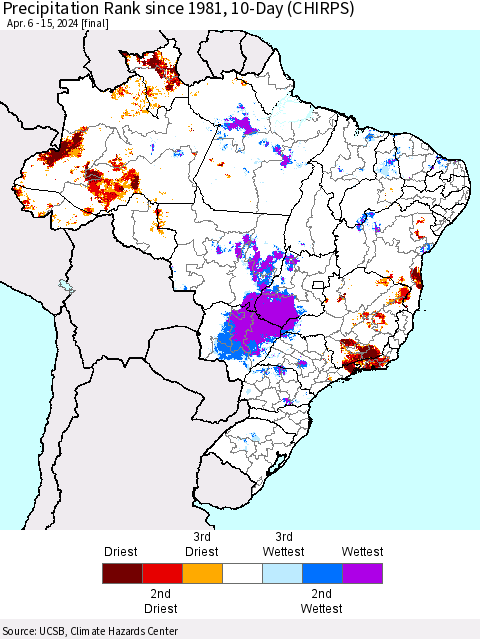 Brazil Precipitation Rank since 1981, 10-Day (CHIRPS) Thematic Map For 4/6/2024 - 4/15/2024