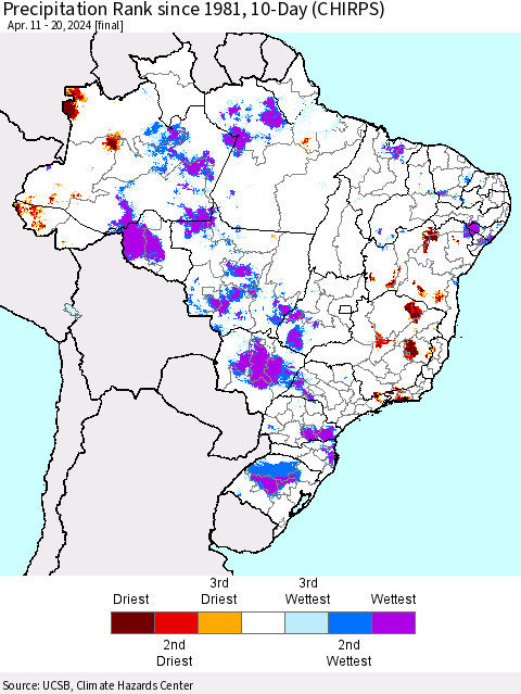 Brazil Precipitation Rank since 1981, 10-Day (CHIRPS) Thematic Map For 4/11/2024 - 4/20/2024