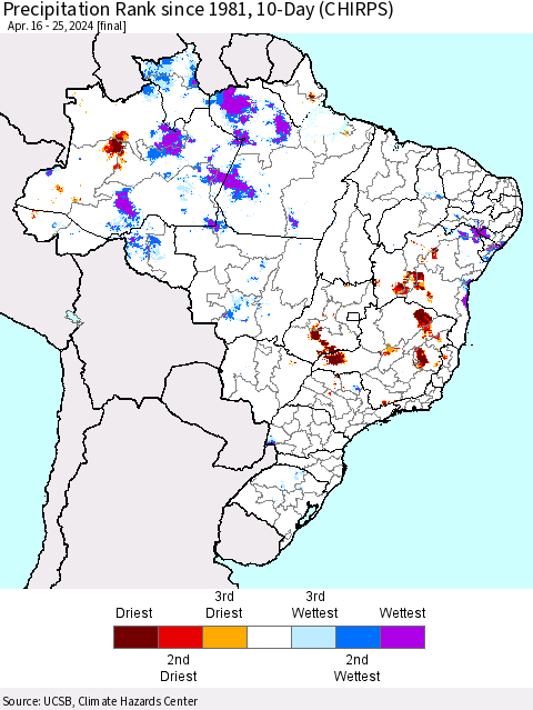 Brazil Precipitation Rank since 1981, 10-Day (CHIRPS) Thematic Map For 4/16/2024 - 4/25/2024