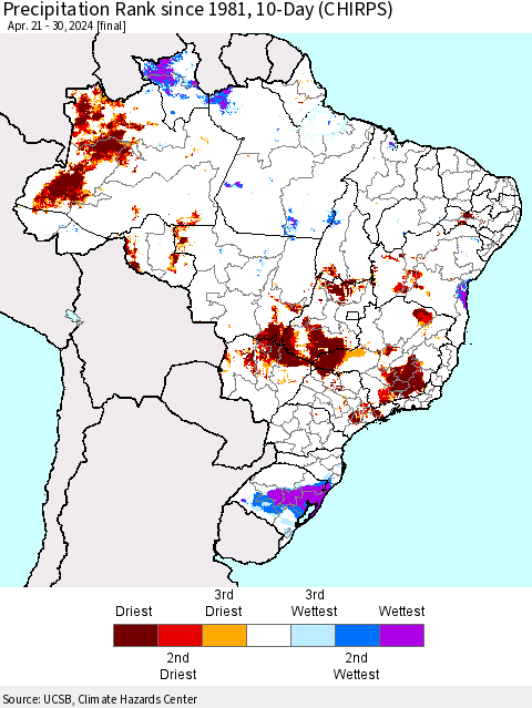 Brazil Precipitation Rank since 1981, 10-Day (CHIRPS) Thematic Map For 4/21/2024 - 4/30/2024