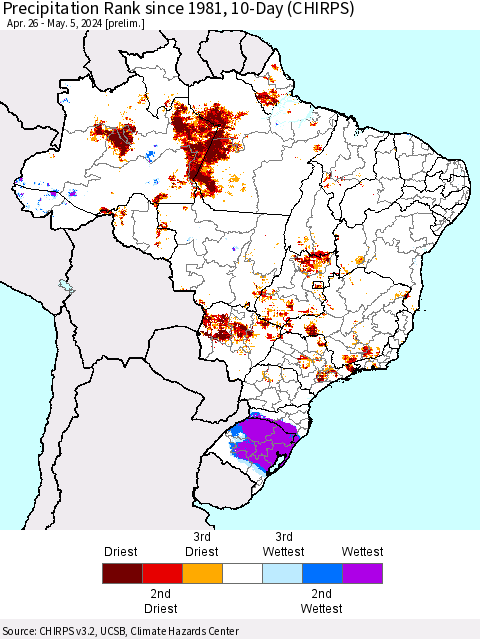 Brazil Precipitation Rank since 1981, 10-Day (CHIRPS) Thematic Map For 4/26/2024 - 5/5/2024