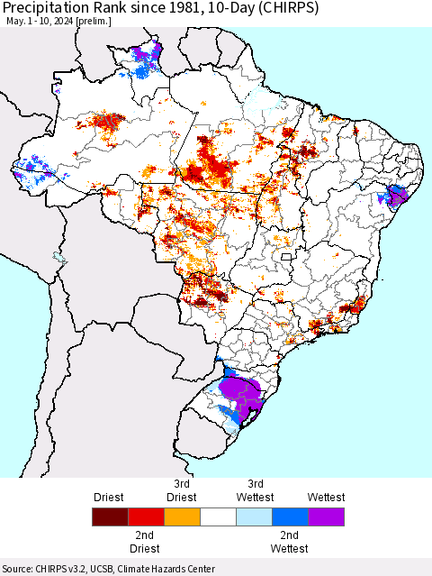 Brazil Precipitation Rank since 1981, 10-Day (CHIRPS) Thematic Map For 5/1/2024 - 5/10/2024
